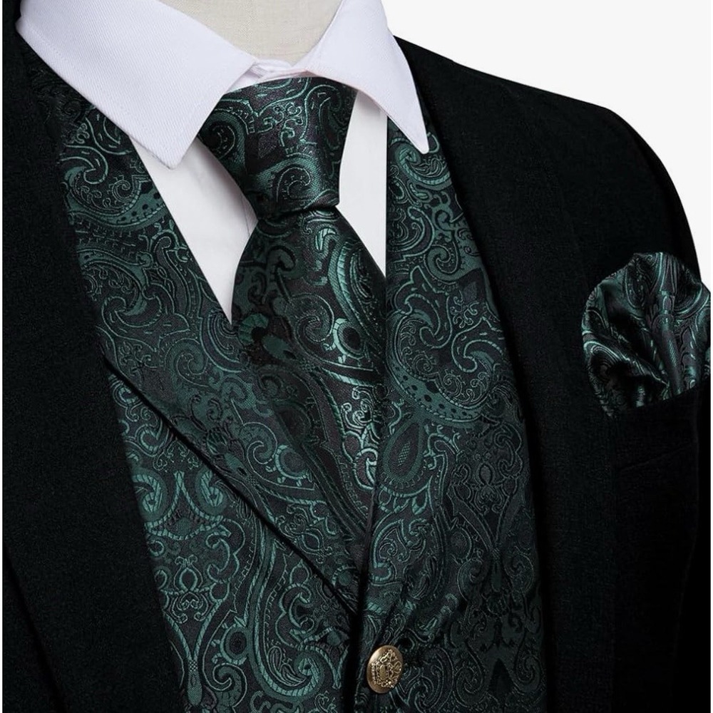 DiBanGu 100% Silk Suit Vest L Set (4 Pieces) Neck Tie 3" x 58" Green Paisley NEW